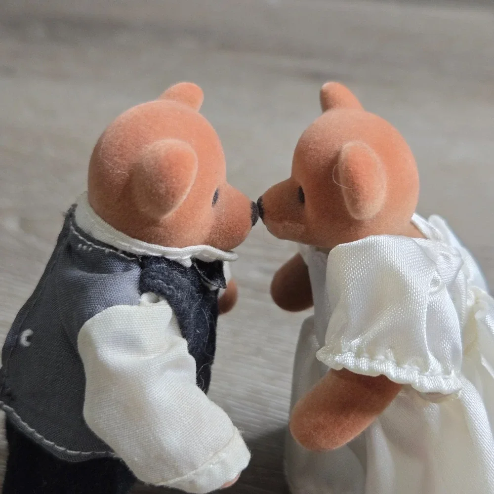 Vintage Flocked Bride & Groom Wedding Bears Teddy Bear Story Wedding